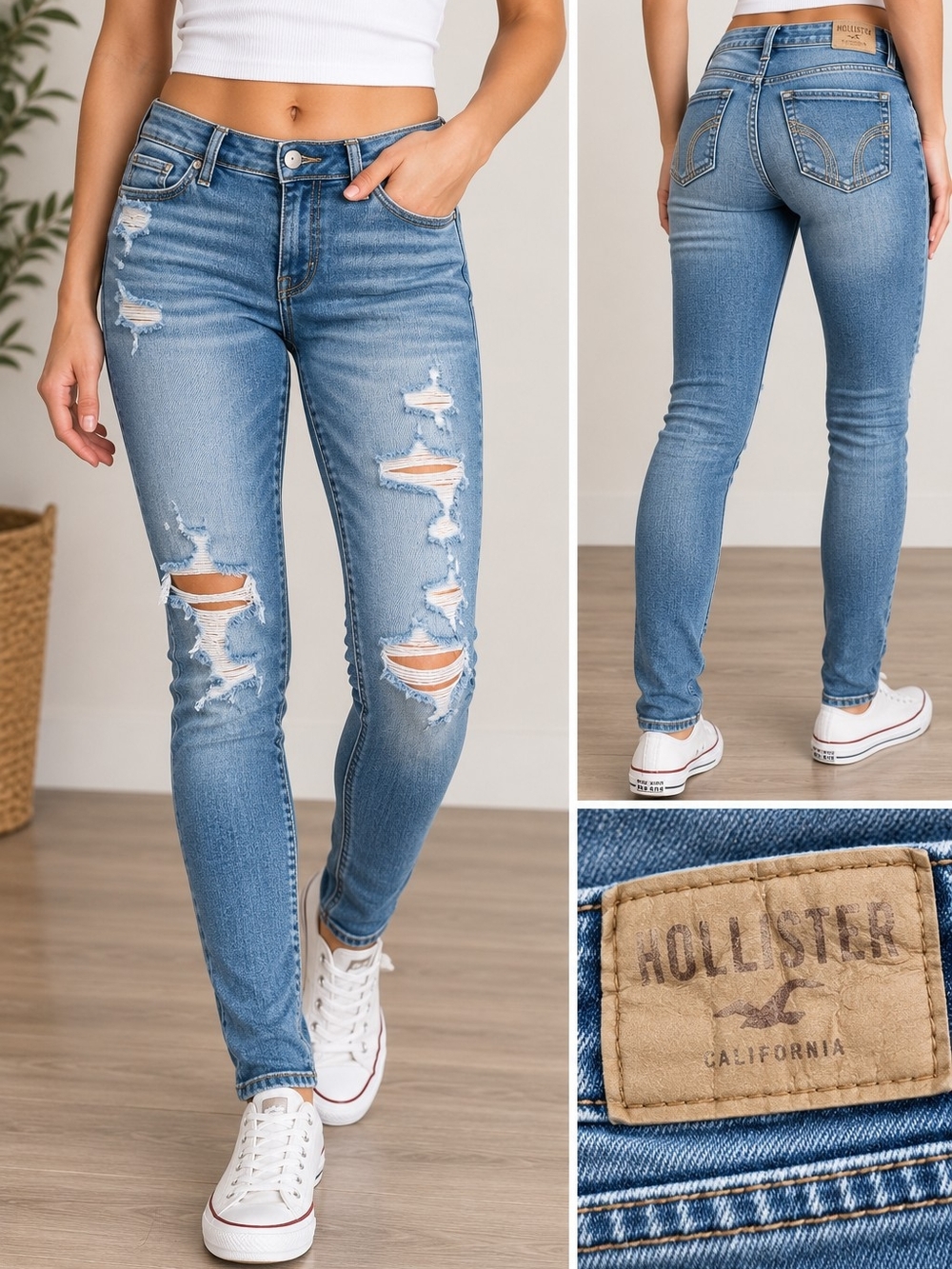 Hollister Womens W30 L32 Distressed Skinny Jeans Ripped Y2K Medium Wash